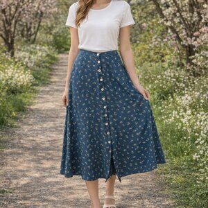 Vintage 90s Requirements dark teal spring ditzy floral button front skirt L